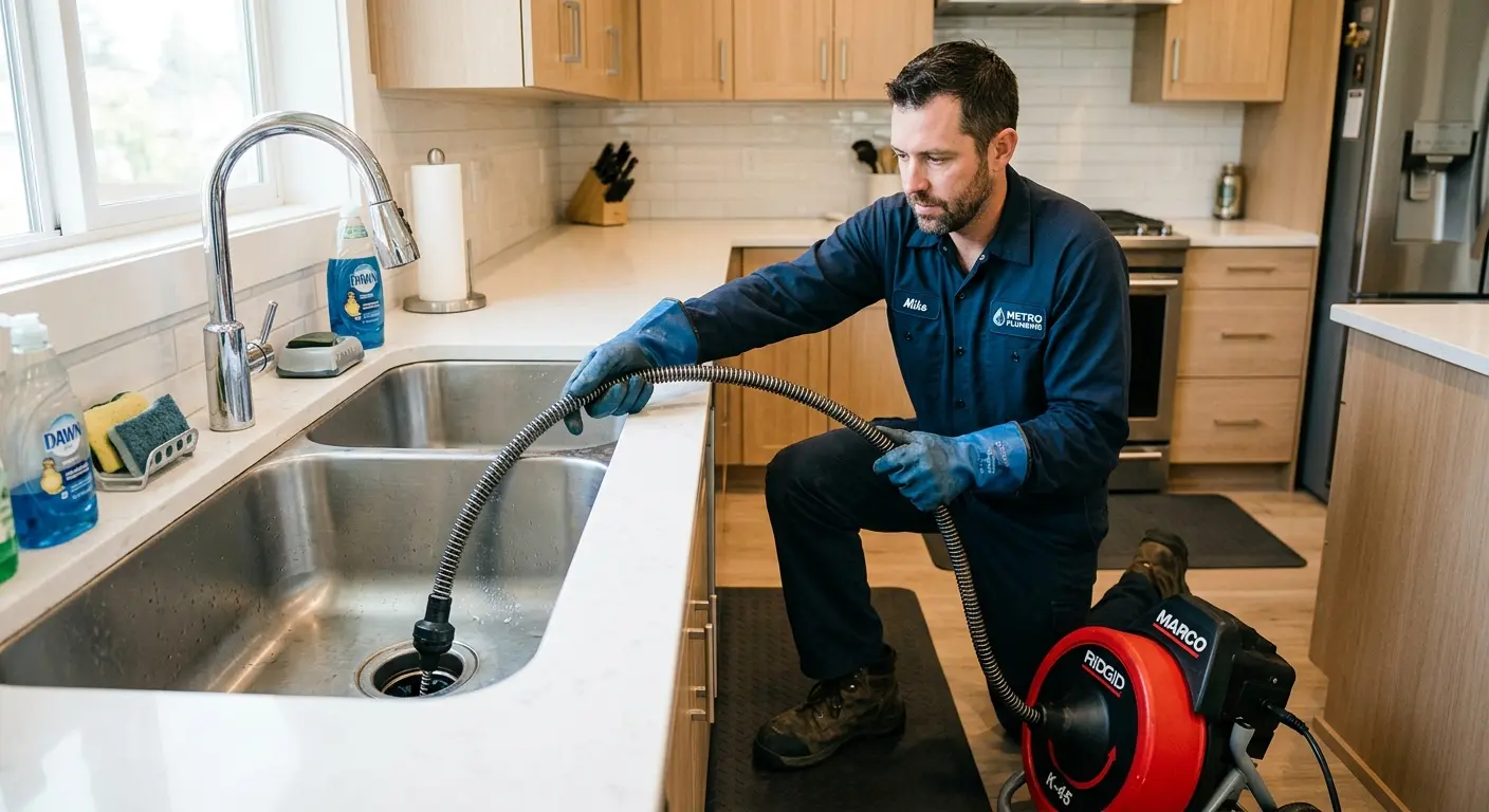 Drain cleaning technician using a motorized snake on a kitchen sink in North Fort Myers